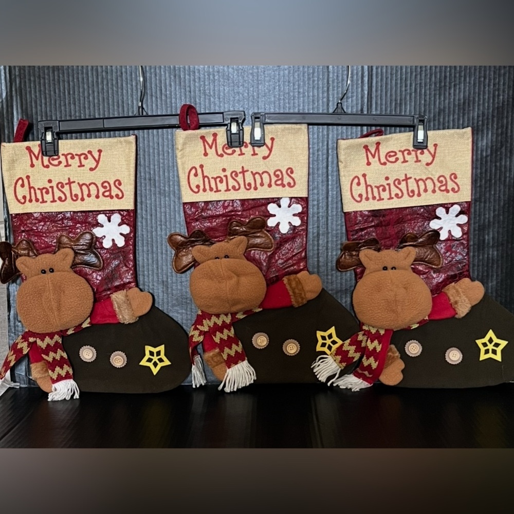 Holiday Reindeer Stockings with Merry Christmas Design- 3pcs NWOT